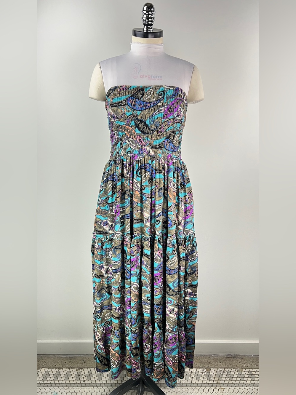 💚 3593. Strapless Paisley Print Maxi Dress in Teal & Purple